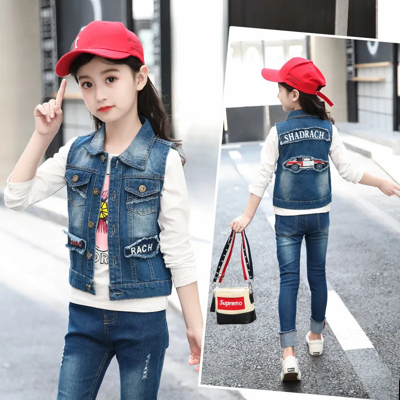 Girls Casual Cartoon Denim Vests Waistcoats Autumn Children Printed Fashion Vest Girl Jeans Outdoor Waistcoat