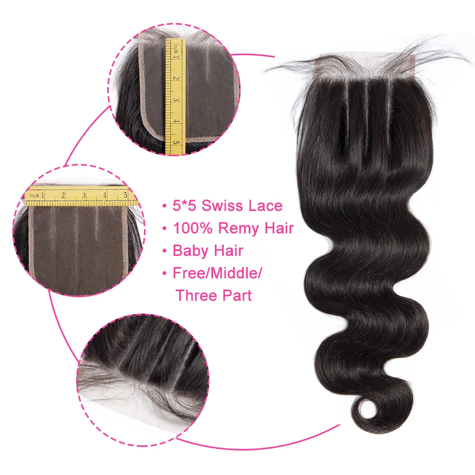 Gabrielle Волосы remy 5x5 кружева закрытие бразильские волнистые волосы, для придания объема, натуральный Цвет 8-22 дюймов Пряди человеческих волос для волос, свободные резинки для волос/средний/Три часть закрытие
