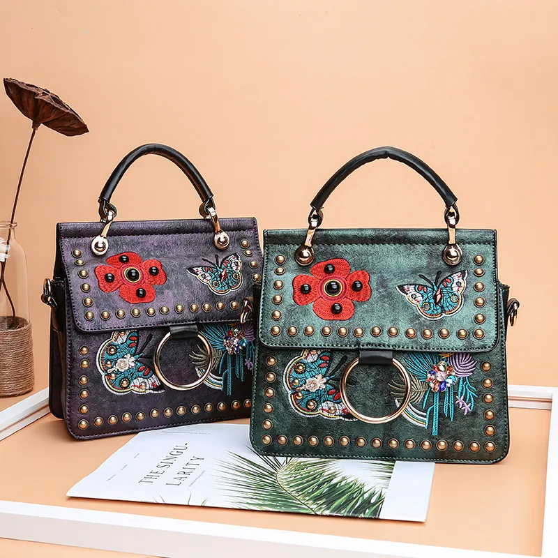 Women Embroidery Messenger Floral Vintage Bag Ladies Rivets Crossbody For Fashion Small Handbags Shoulder Strap | Багаж и сумки
