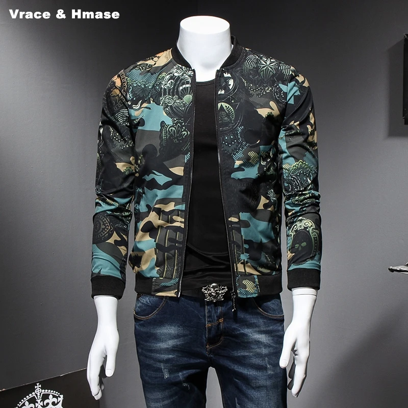 

European-style personality camouflage printing fashion slim baseball jacket Autumn 2017 New quality large size jacket men M-5XL