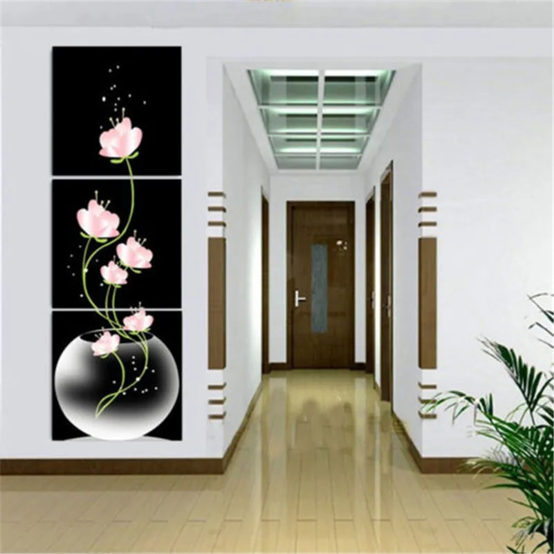 Лучший дизайн 3 панели без рамки ваза с цветком Холст Картина Настенная ремесло