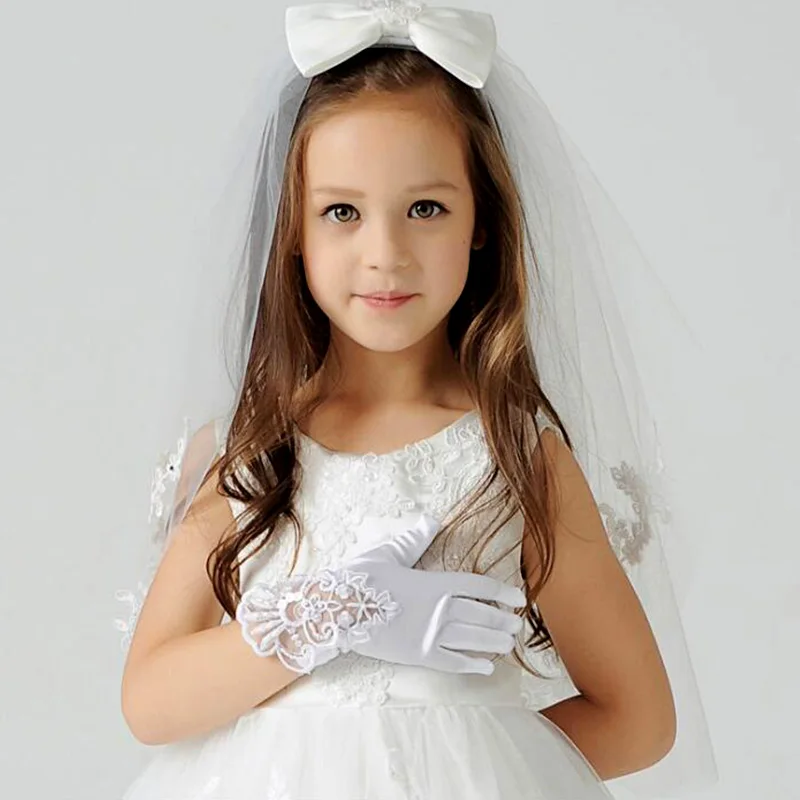 Модные детские кружевные Сатиновые короткие перчатки с длинным рукавом цветами