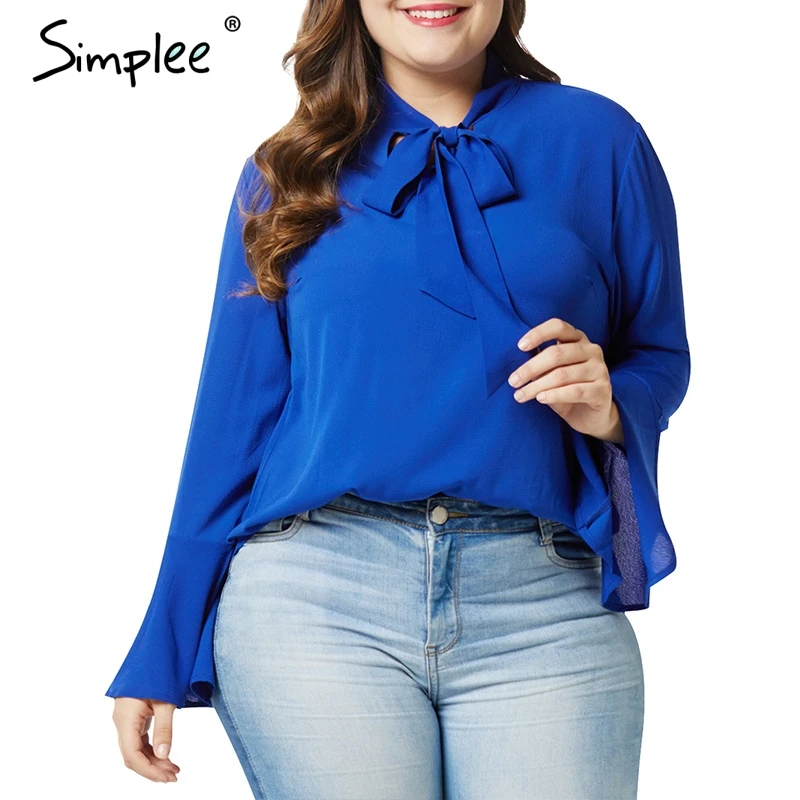 Simplee одноцветное Большие размеры Женщины блузка рубашка с длинным рукавом