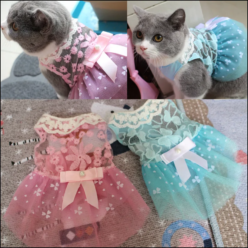 Летнее милое платье с котом для домашних животных модная кружевная Одежда кошек
