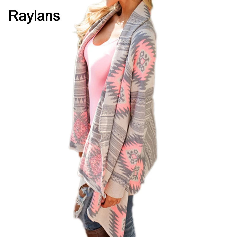 Raylans 2017 Women Irregular Geometric Printed Cardigan Open Front Loose Sweaters Jumper Outwear Coat Tops |