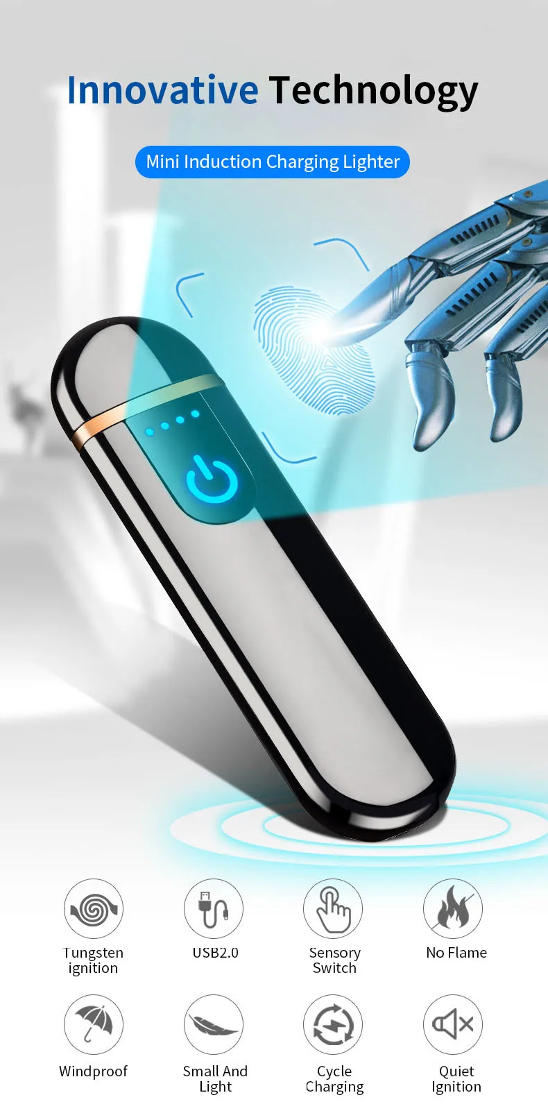 Отпечаток пальца Sensitive мини зажигалка Прикуриватель USB зажигалки ветрозащитная беспламенная перезаряжаемая Электронная зажигалка для курения