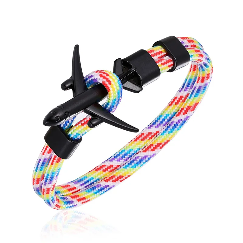Black Colorful Модный мужской браслет с якорем и самолетом для женщин, свободный Скай, веревка для выживания, браслеты с подвесками, мужские ювелирные изделия дружбы, Прямая поставка - Metal Color: Black Colorful