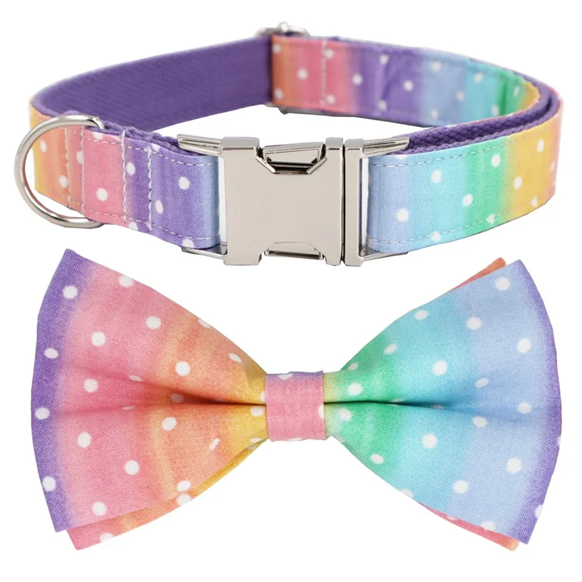 collar bow Радужные в горошек ошейник и поводок с галстуком-бабочкой для больших и маленьких собак, хлопковый тканевый ошейник с металлической пряжкой - Цвет: collar bow