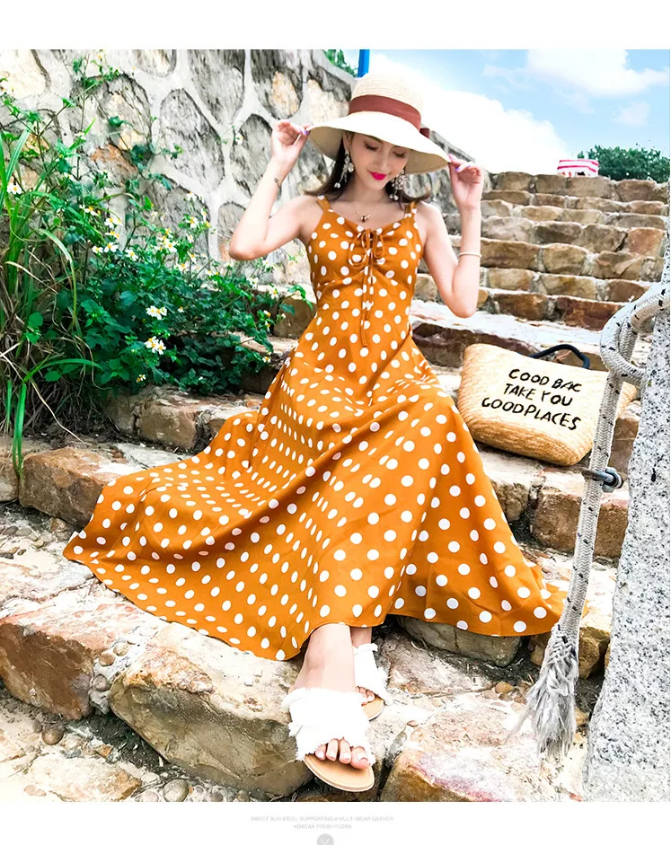 Spring and summer new style Beach seaside vacation strap dress Medium long wave chiffon | Женская одежда