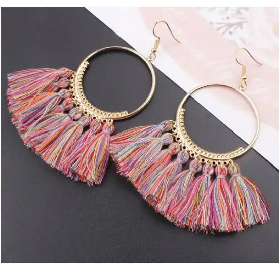 Style 11 HIYONG, женские серьги с кисточками, 17 цветов, этнические большие висячие серьги, богемные модные ювелирные изделия, трендовые длинные висячие серьги с хлопковой веревкой и бахромой - Окраска металла: Style 11