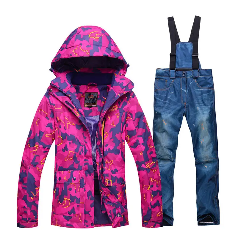 picture jacket pant Для женщин зимние костюмы Спорт на открытом воздухе лыжные комплекты сноуборд одежда для температуры-30 зимние камуфляжные водоупорные платье для маленьких девочек; куртка+ штаны с подтяжками - Цвет: picture jacket pant