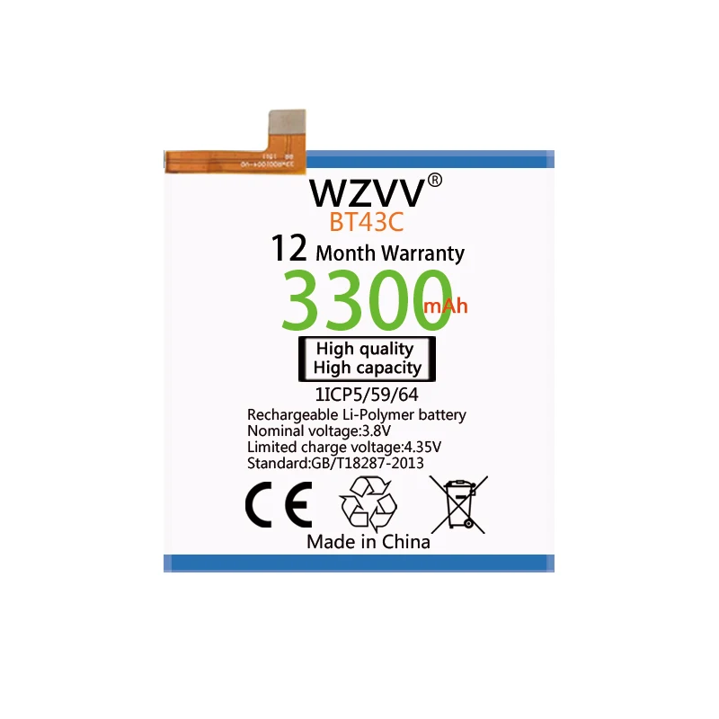 wzvv 3300mAh Li-Polymer Battery BT43C for Meizu M2 mini Meilan 2 M2mini Replacement Batteries | Мобильные телефоны и
