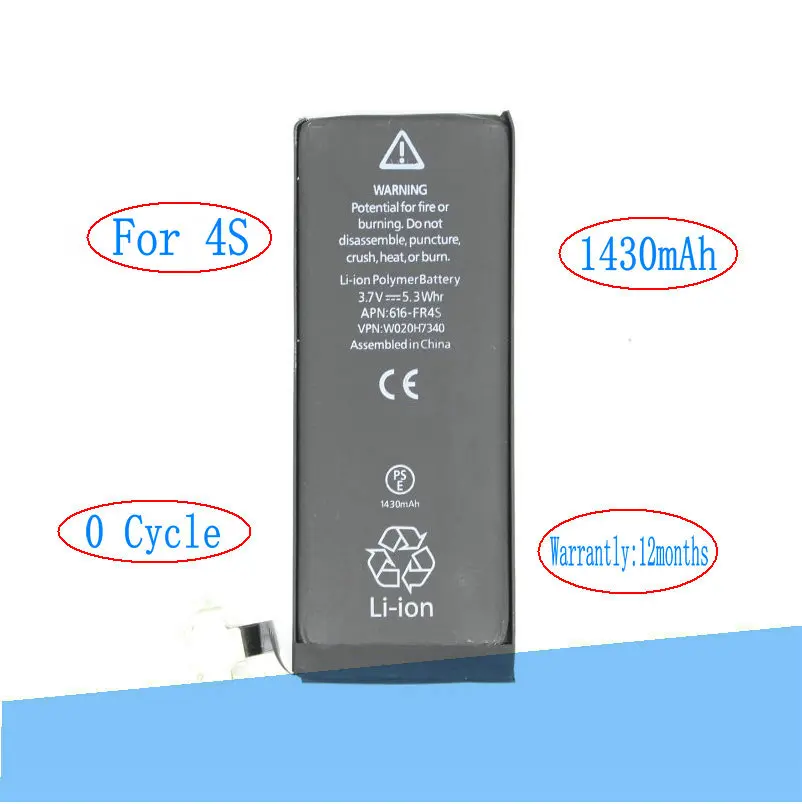 Сменный литий полимерный аккумулятор для iPhone 4S 4 S 20 шт./лот 1430 мАч 0 нулевого