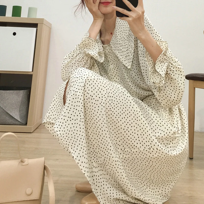 

Chiffon Dot dress women Loose Long sleeve Straight dress Spring New Sweet Turn-down Collar Slim dress women