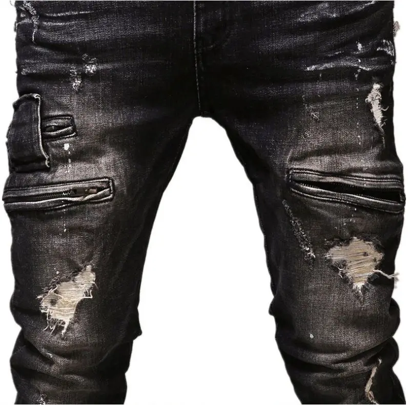 Мужские облегающие джинсы черные потертые джинсовые джоггеры байкерские
