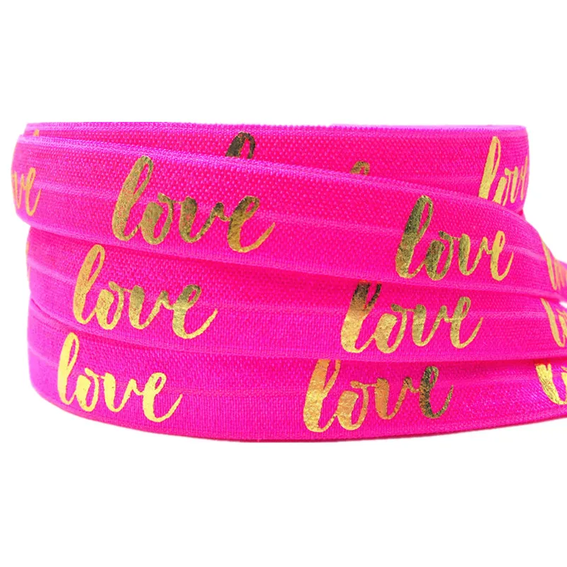 Neon pink gold 16 мм Золотая Серебряная фольга любовь печать сложить над эластичным 10Y FOE атласная лента для DIY головной убор браслет торговля аксессуарами для волос - Цвет: Neon pink gold