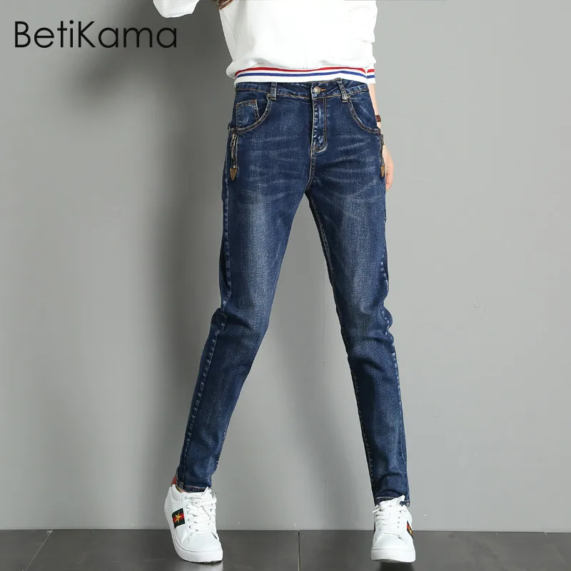 BetiKama студенческие джинсы Femme 2017 Женские повседневные шаровары узкие брюки