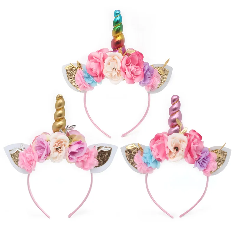 

5pcs/lot , 10*12cm Unicorn horn with artificial flowers hair hoop , for headband hot sale hair fashion accessories 6 color