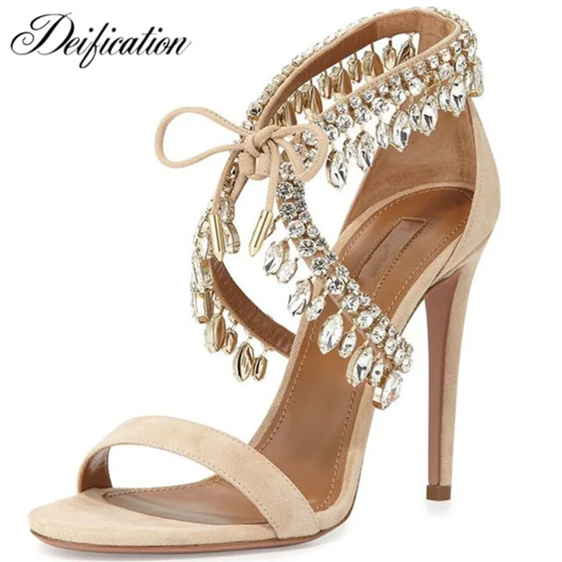 Deification Handmade Strappy Ladies Designer Shoes Women Lace Up Fashion Zapatos Mujer High Heels Rhinestone Gladiator Sandals  - buy with discount