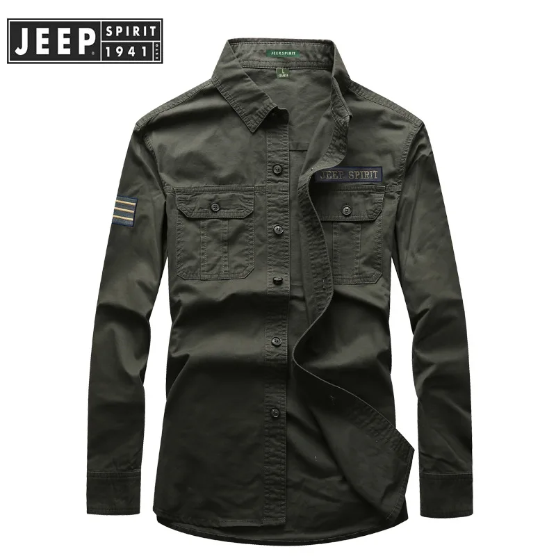 JEEP SPIRIT рубашка в стиле милитари для мужчин Осенняя Повседневная хлопковая рубашка с длинным рукавом и отложным воротником мужские Рубашки s однобортная мужская рубашка