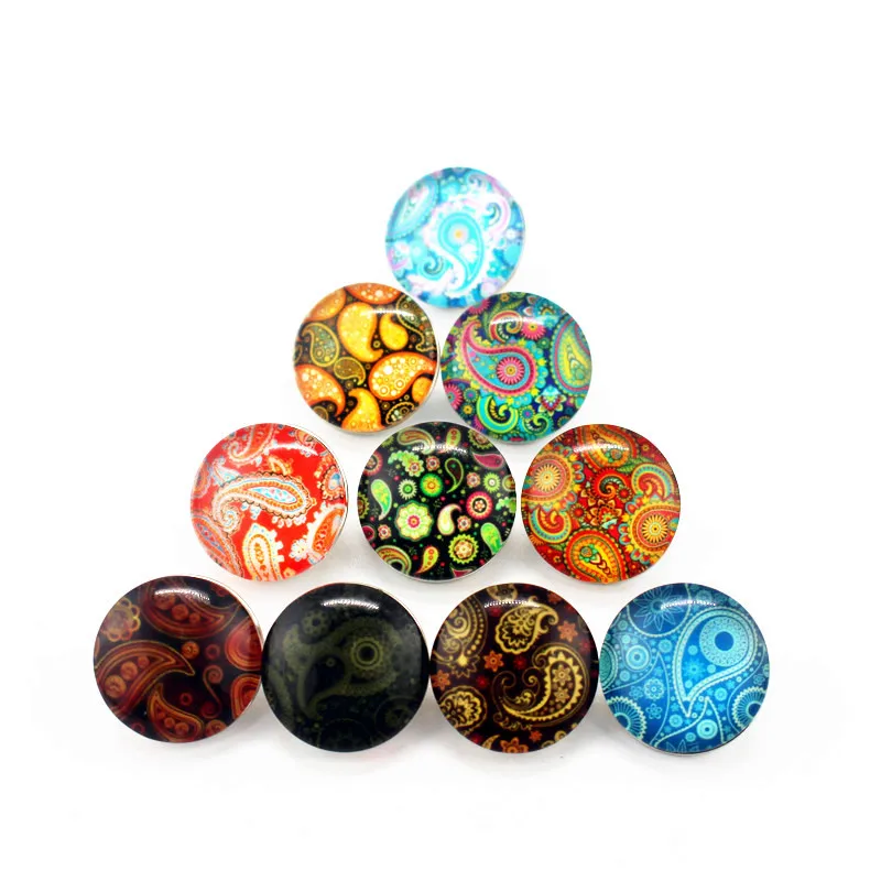 

New Style 20pcs/lot Beautiful Paisley Snap Buttons Round Glass Plant 18mm Buttons Charms Fit Snap Bracelet Jewelry Making