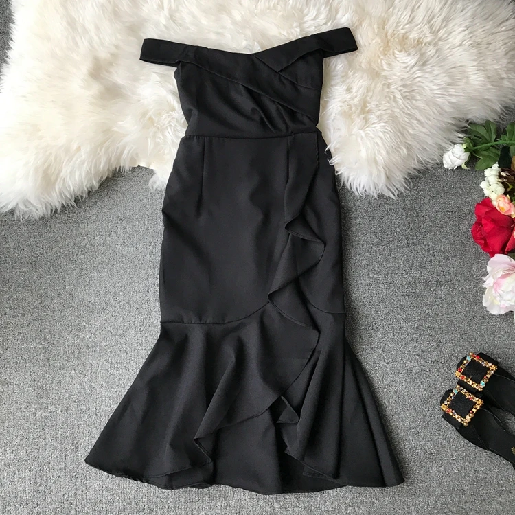ALPHALMODA 2019 Лето Для женщин Slash шеи с оборками Vestidos Твердые Цвет Разделение Раффлед