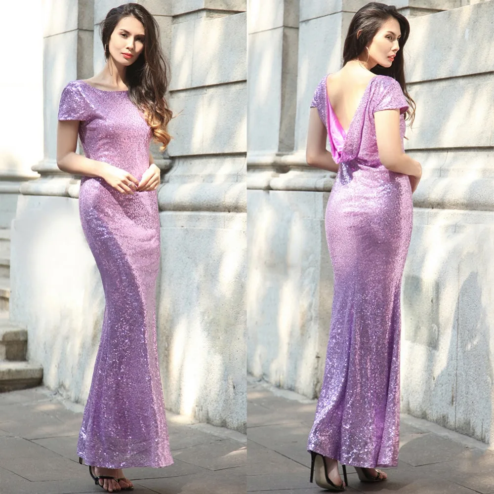 Женское длинное платье с блестками цвета шампанского до пола коротким рукавом