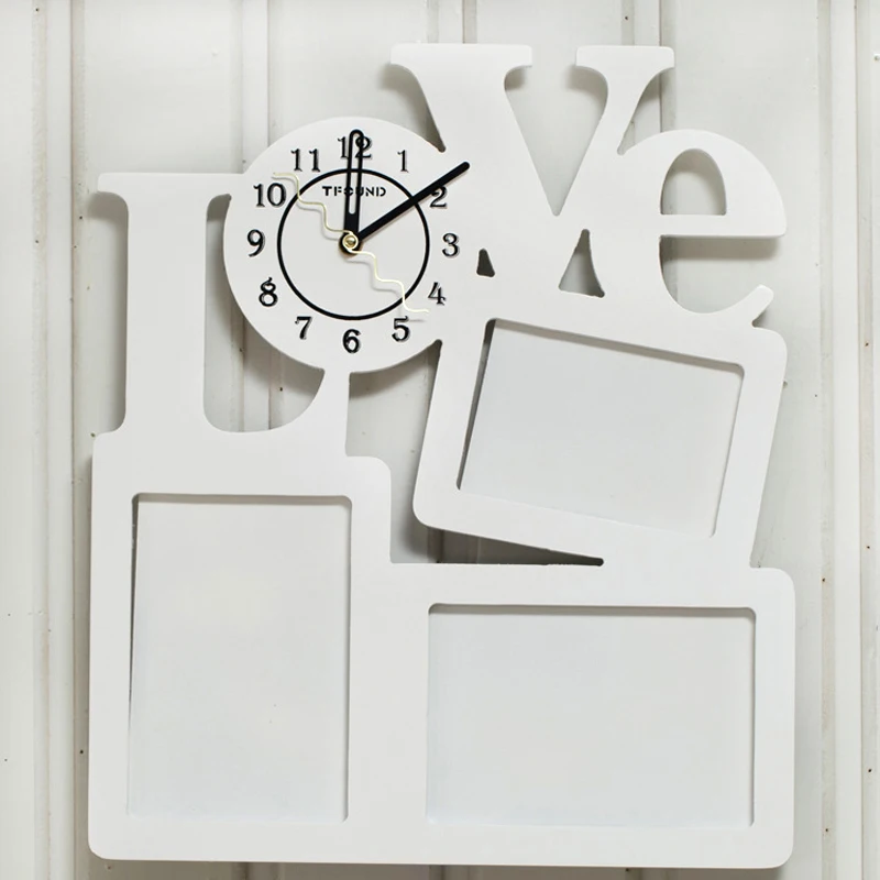 Современные деревянные часы с фоторамкой и 3 фоторамками для гостиной