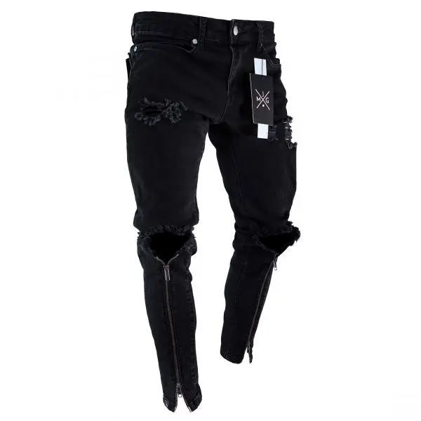 

Men's small feet tight high-end tight slim zipper ripped narrow leg pants men's jeans slim body casual cotton gift 80s pants