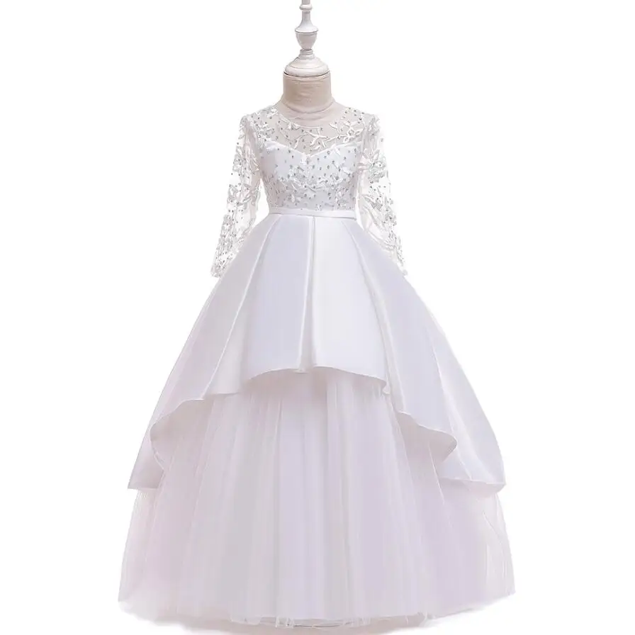 2019 Teen party Girls Wedding Dress Long sleeve Lace flower Party Tulle high-end Princess Birthday Gown for 4-14 ye | Детская одежда и