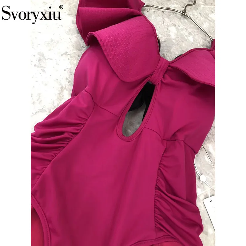 Svoryxiu, толстый красный цельный комбинезон с оборками, женский Глубокий v-образный вырез, открытая спина, бикини, пляжный, праздничный, женский летний купальник