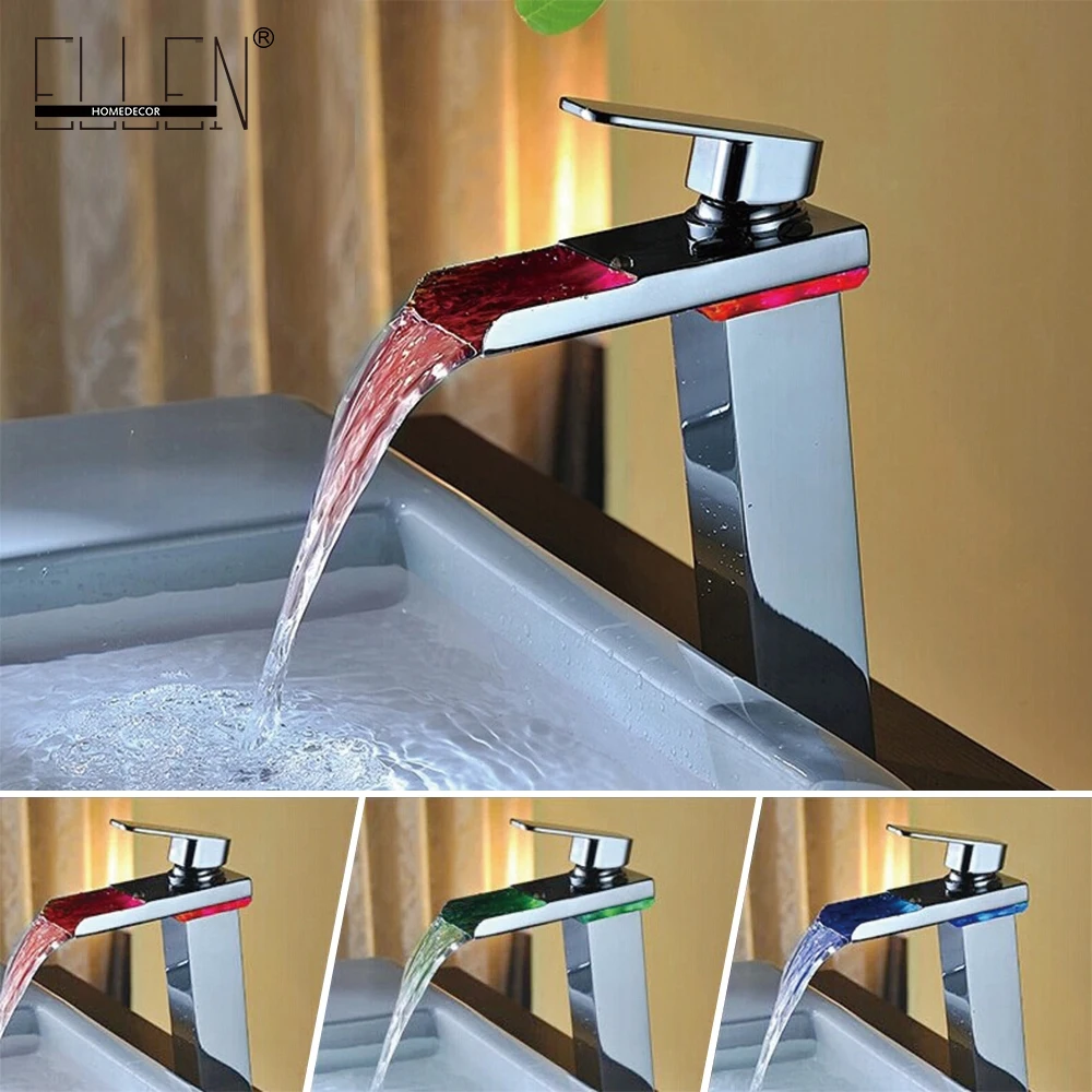 Смеситель для ванной латунный со светодиодной подсветкой меняющей цвет|waterfall basin