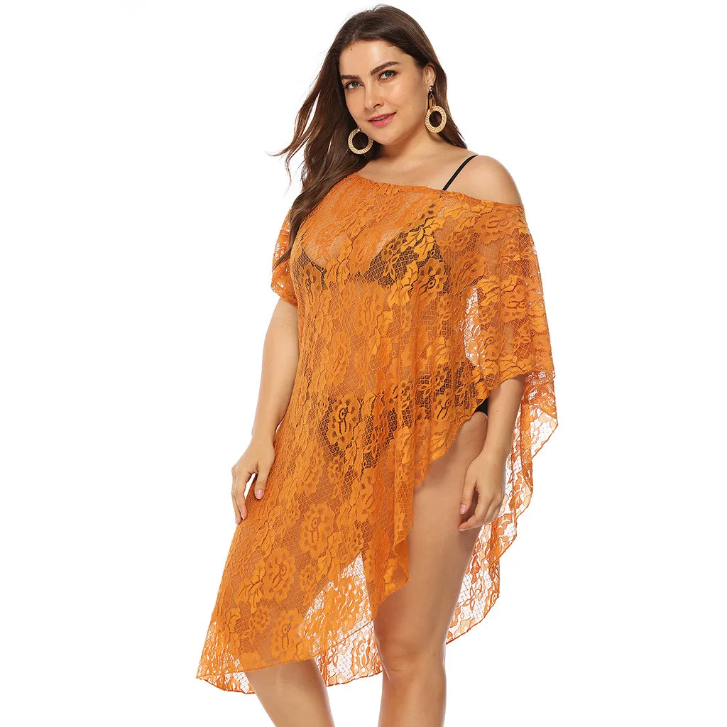 Women Plus Size Sexy Beach Dress Off Shoulder Solid Swimsuit Beach Tunics Bikini Cover Up Swimwear Perspective Beachwear