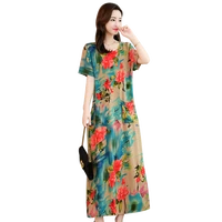 summer fashion new womens cotton linen printed floral dress womens long dress round neck short sleeved dress