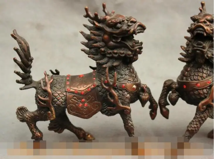 SHUN 6&quot Chinese FengShui Red Bronze Guard Dragon Kylin Unicorn Lion Beast Statue Pair | Дом и сад