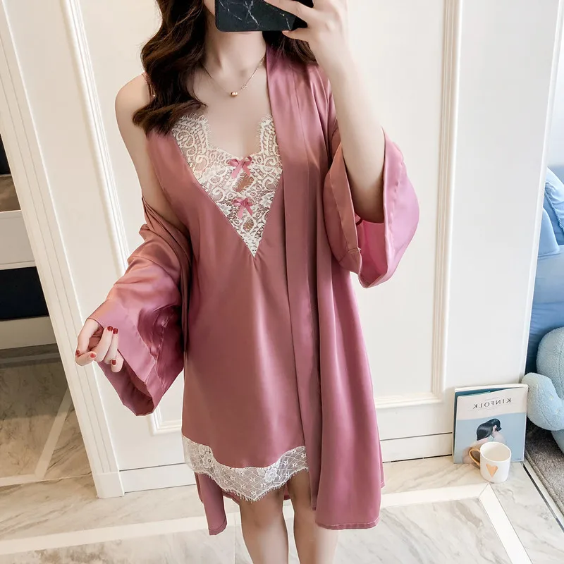 Кружевной сексуальный ночной халат Шелковый Атласный весенний банный осень
