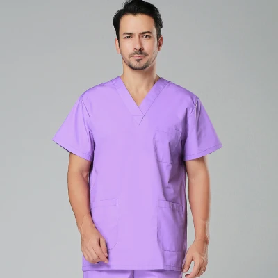 men Light purple Женские медицинские наборы высокого качества размера плюс с v-образным вырезом, летние мужские с коротким рукавом, униформа медсестры, больничная одежда, хирургические наборы с эффектом потертости - Цвет: men Light purple