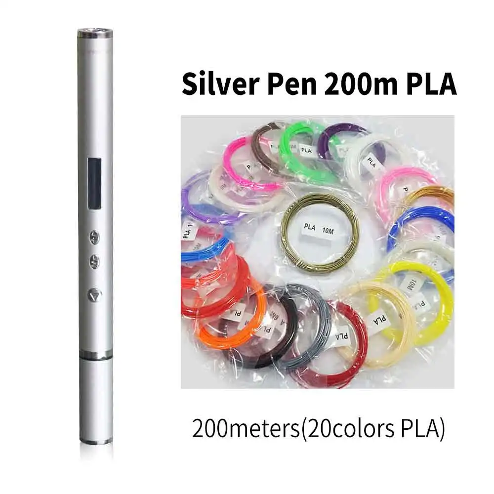 Silver Pen 200m PLA DEWANG, легкая 3d-ручка, новинка, OLED, DIY, 3D принтер, ручка, подарок на день рождения, PLA, ABS, нить, ручка, 3d ручки для рисования, гаджет - Цвет: Silver Pen 200m PLA
