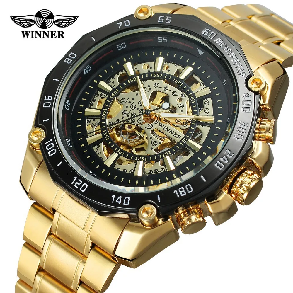 

Winner Brand Mens Clock Mechanical Full Steel Skeleton Shock Resistant Self-winding Man Automatic Sports Watch Relogio Masculino