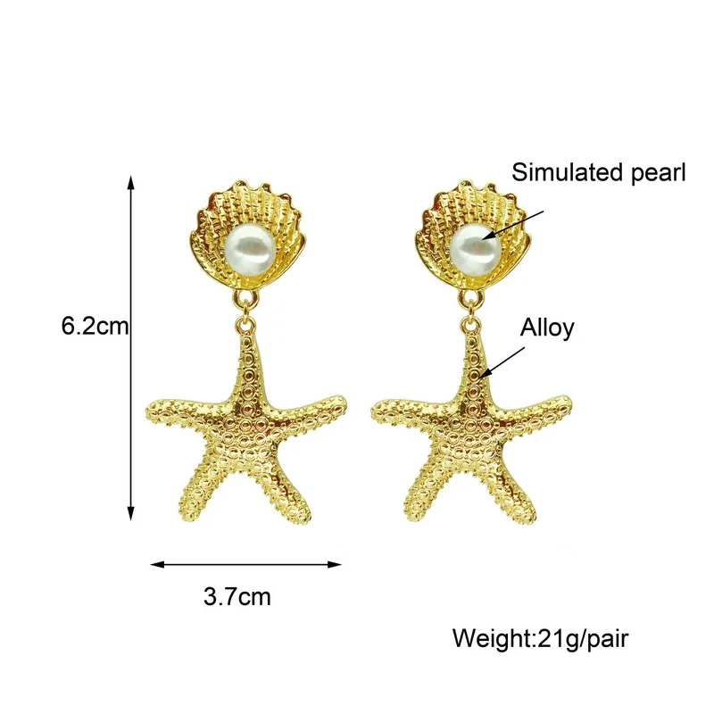 

F.J4Z New Hot Fashion Gold Color Alloy Seafish Pendant Earrings Simulated Pearl Shell Women Earring Beach Jewelry pendientes