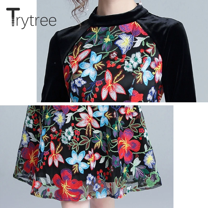 Trytree осеннее женское платье трапециевидной формы с цветочной вышивкой из бархата