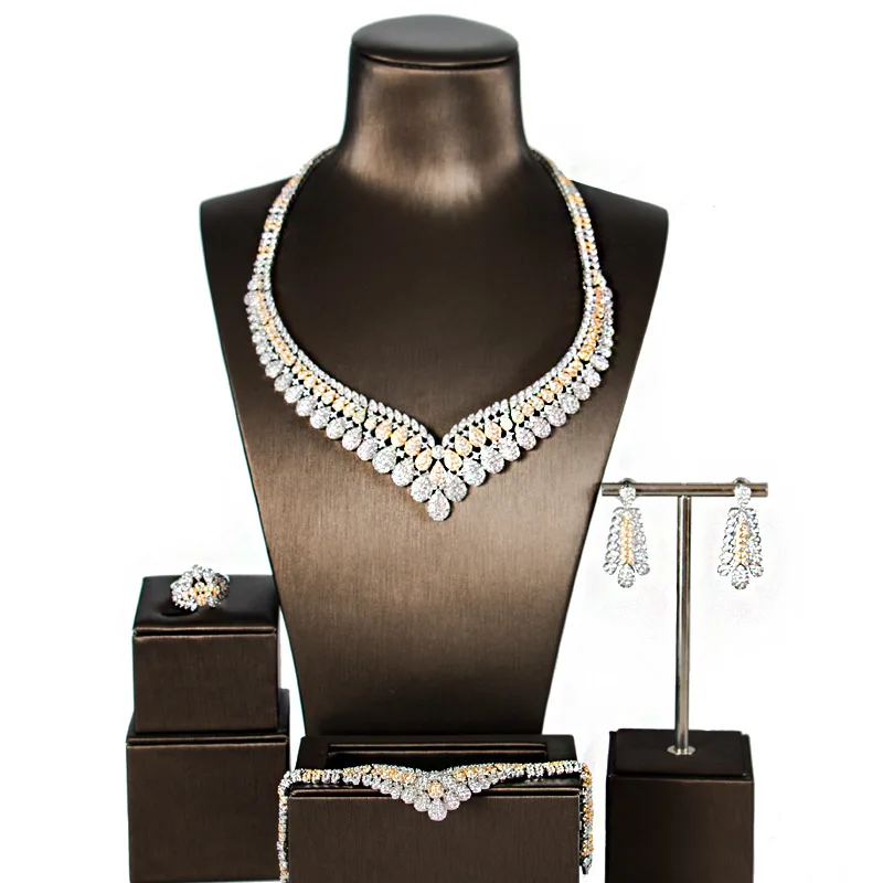 Роскошные блестящие 5А кубического циркония ожерелье с камелией серьги браслет