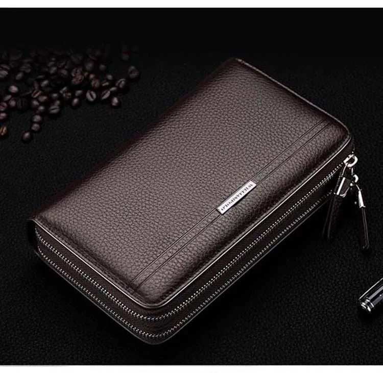 WILLIAMPOLO Leather Vintage Solid Clutch Bag Phone and Card Brand Mens Wallet Double Zipper Genuine Leather Handy Bag Purse
