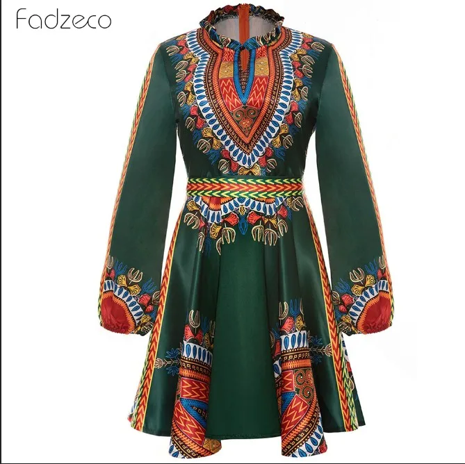 Green Платье Fadzeco в африканском стиле для женщин, стоячий воротник, большие размеры, приталенное платье с этническим принтом, Дашики, платье с короткими рукавами, одежда в африканском стиле - Цвет: Green