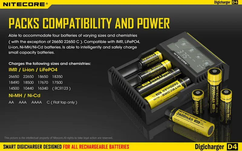 Новое зарядное устройство Nitecore D4 Digi с ЖК дисплеем для аккумуляторов