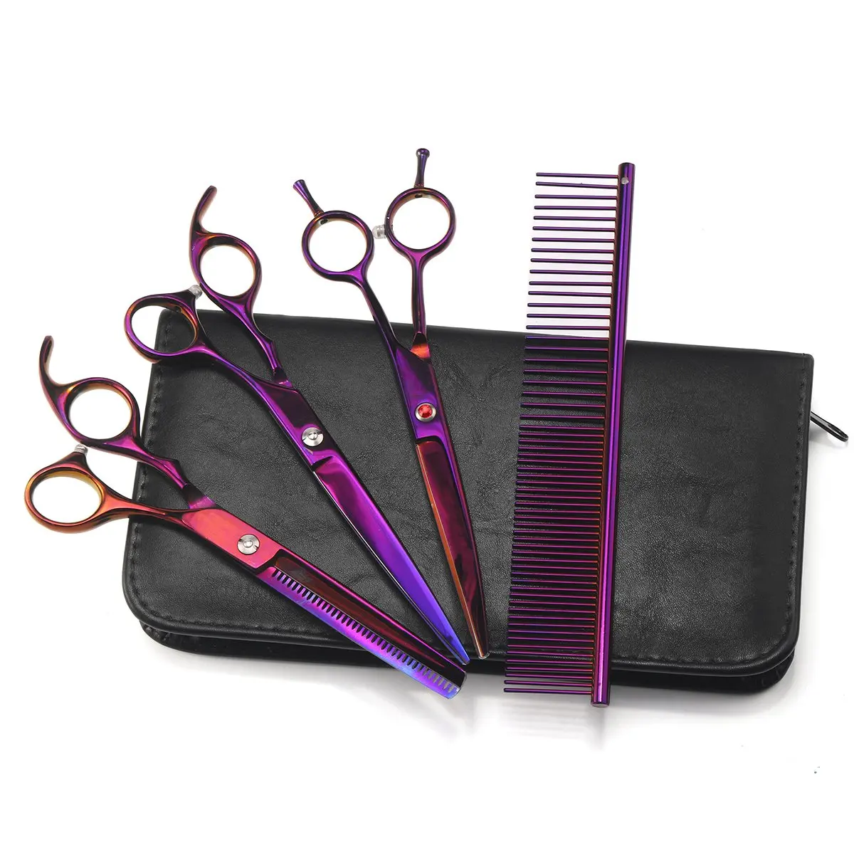5Pcs Professional Pet Grooming Scissors 7.0" Double-Curved scissor+6.5" Thinning scissor+7.0" Straight scissor+Comb+Case