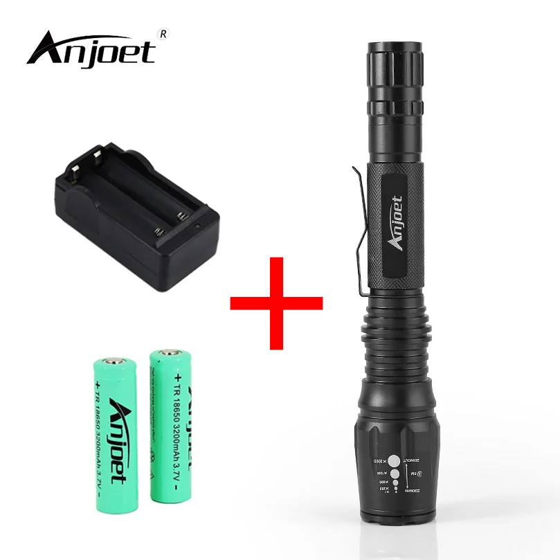 

ANJOET 18650 ЛМ светодиодный фонарик XM-L T6, фонарик с масштабируемым фокусом, фонасветильник для кемпинга, лампа + 2 батареи + зарядное устройство