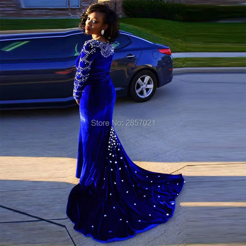Настоящее Фотография Luxury Royal Blue Velvet Вечернее Платье На Заказ Русалка С Длинным Рукавом Пром Платья Формальные Хрустальные Бусины Дубай Вечернее Платье