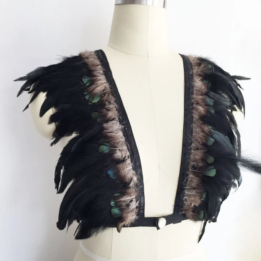 Эластичный черный бюстгальтер с черными крылышками перьями эполетами|body harness cage