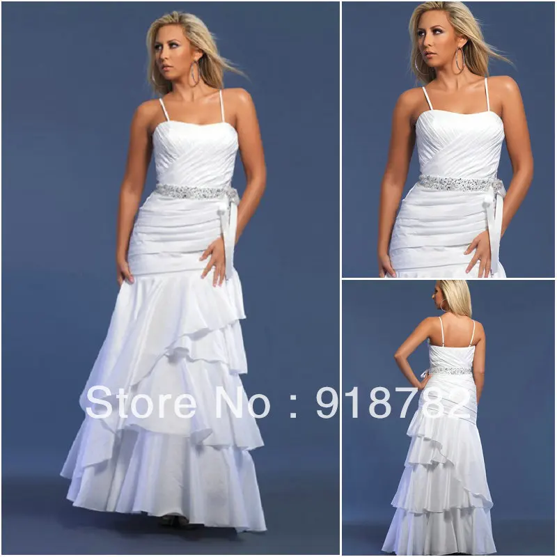 wholesale-2013 New Design Fashion Glamorous Mermaid Spaghetti Straps Ruffles Ankle-Length Taffeta White Images Custom Beads Prom | Свадьбы и